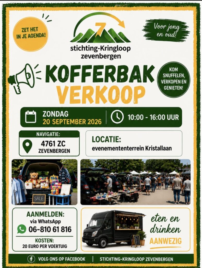 Flyer Kofferbakverkoop, zondag 20 september 2026, 10:00-16:00 uur, evenemententerrein Kristallaan Zevenbergen